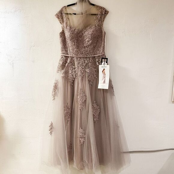 NEW MGNY by Mori Lee Beaded Lace Illusion Neck A-Line Maxi Dress Gown in Dusty L - Picture 2 of 12